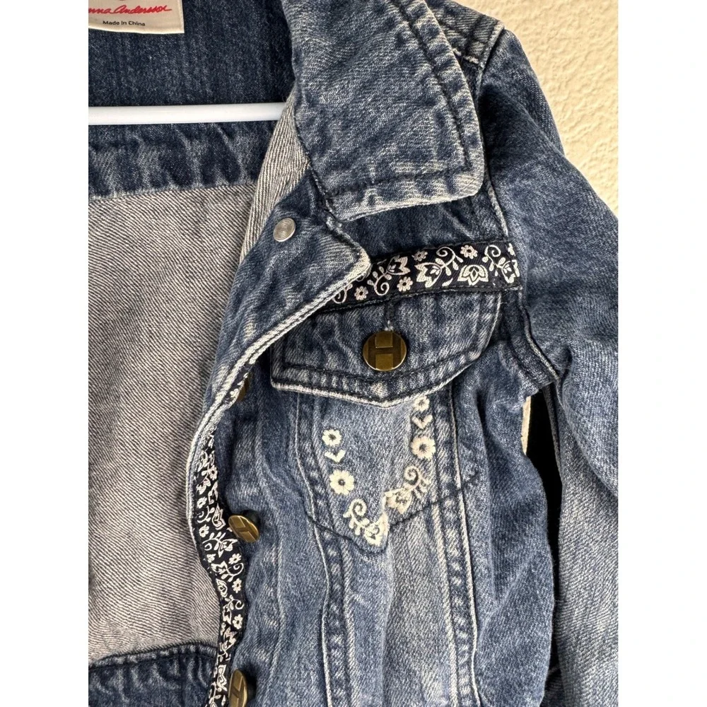 Hanna Andersson Embellished‎ Denim Jacket Distressed Floral Embroidered Size 5